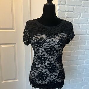 Lacy Top, Black and Beige Lace Blouse with Sweetheart Neckline, Size M/L